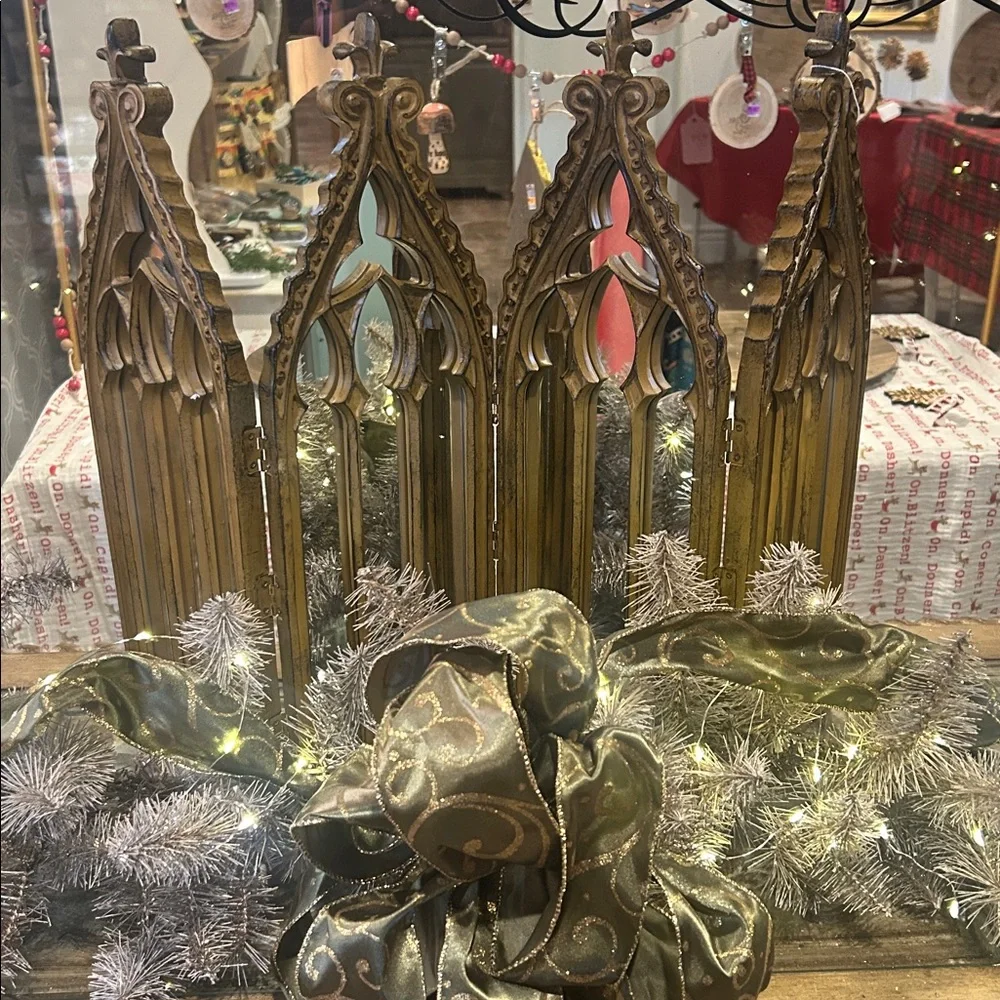 NWT Cathedral 4 Panel Fold Up Wood Finish Mirror